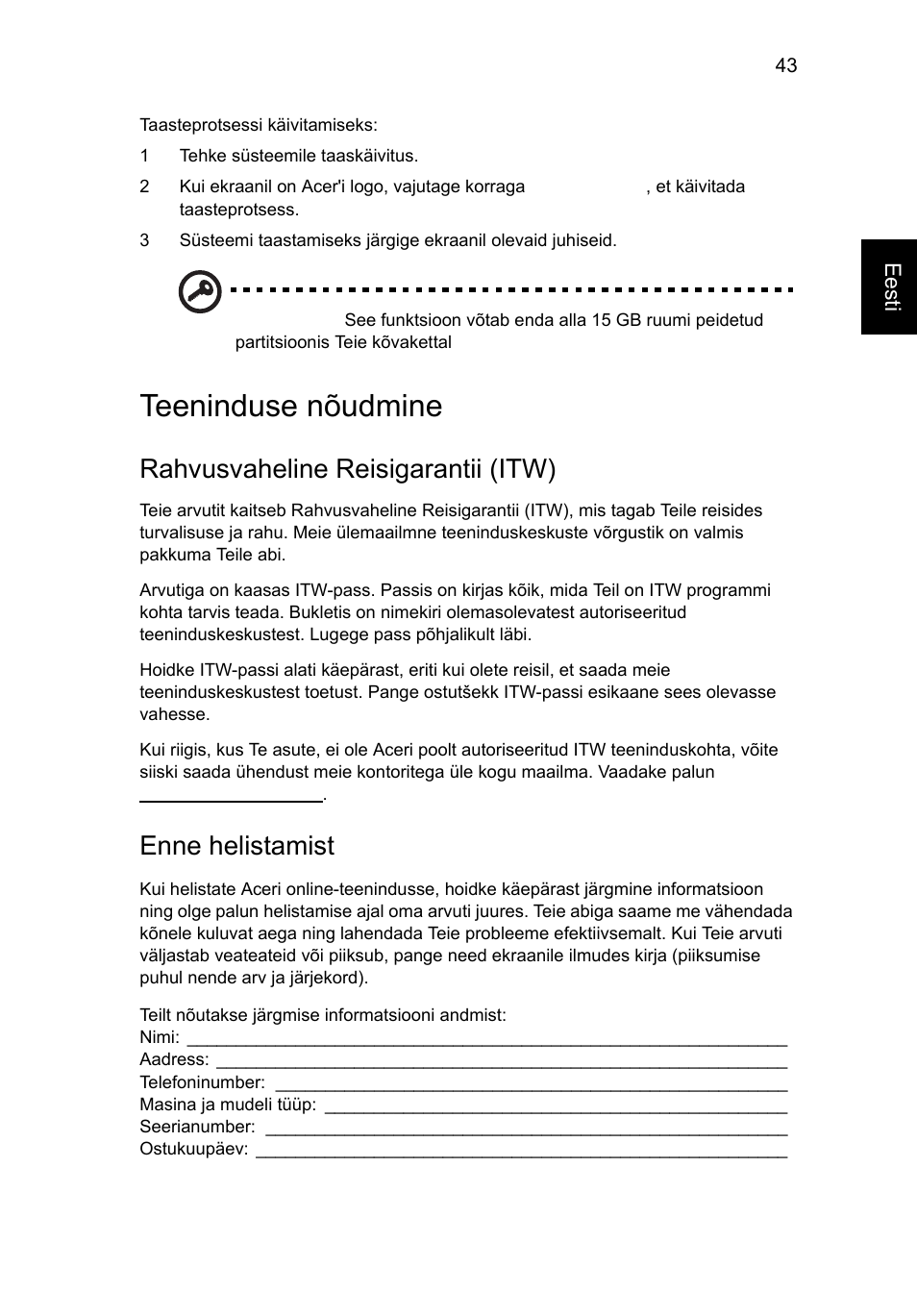 Teeninduse nõudmine, Rahvusvaheline reisigarantii (itw), Enne helistamist | Acer Aspire Series User Manual | Page 1495 / 2206