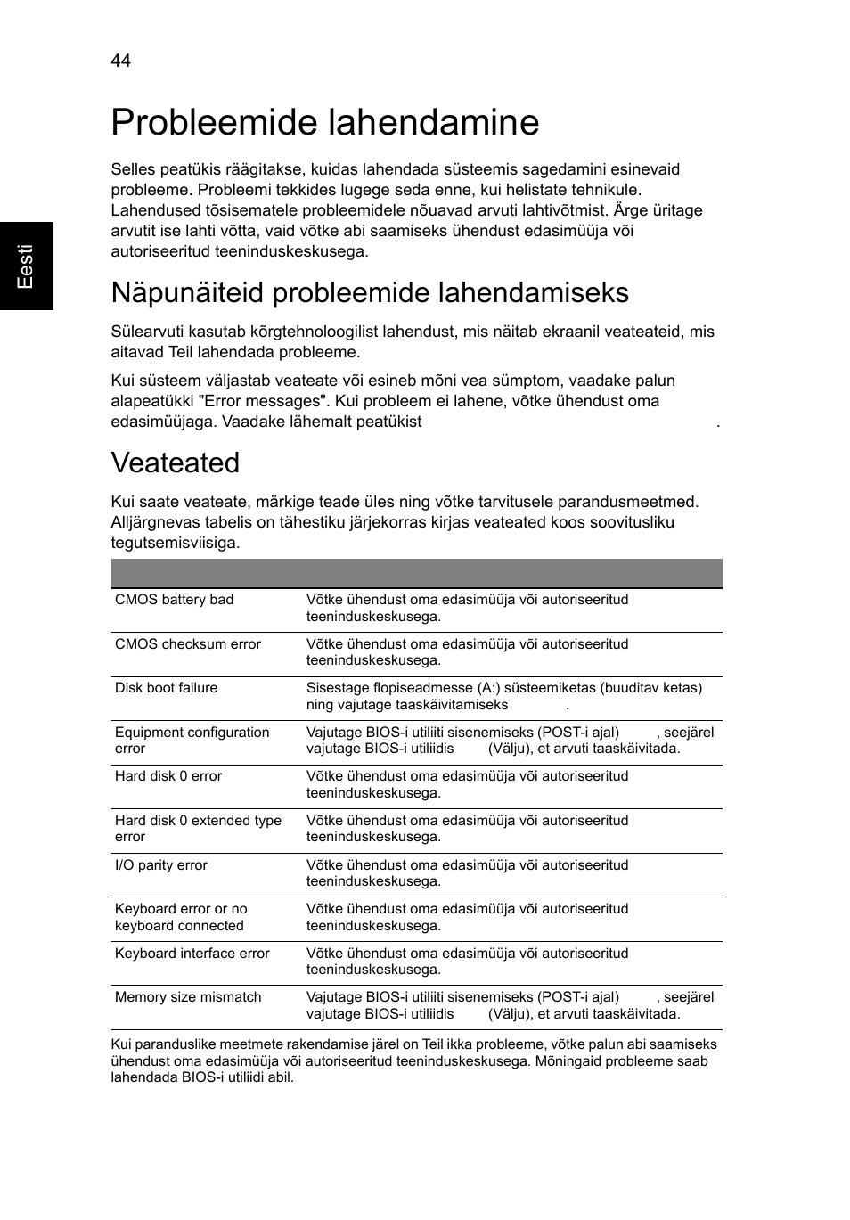Probleemide lahendamine, Näpunäiteid probleemide lahendamiseks, Veateated | Eesti | Acer Aspire Series User Manual | Page 1496 / 2206