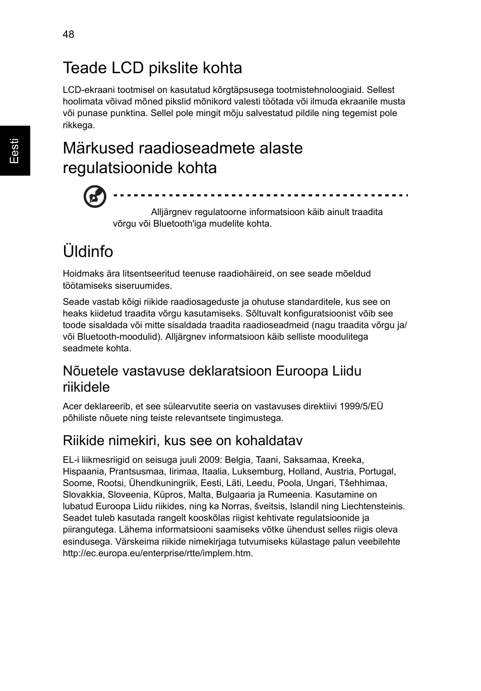 Teade lcd pikslite kohta, Üldinfo, Riikide nimekiri, kus see on kohaldatav | Acer Aspire Series User Manual | Page 1500 / 2206
