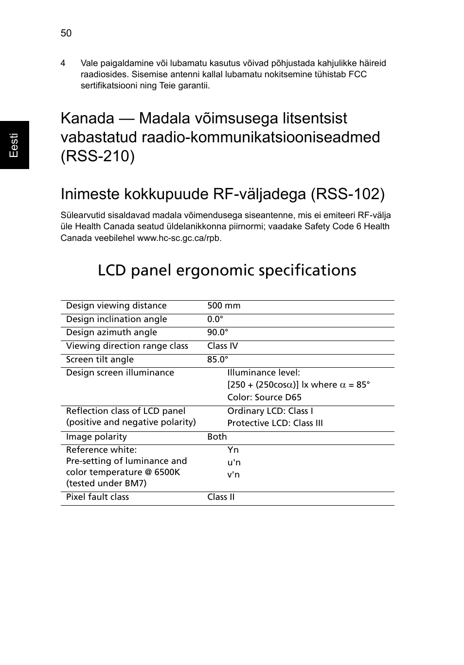 Inimeste kokkupuude rf-väljadega (rss-102), Lcd panel ergonomic specifications, Kanada — madala võimsusega litsentsist vabastatud | Raadio-kommunikatsiooniseadmed (rss-210) | Acer Aspire Series User Manual | Page 1502 / 2206