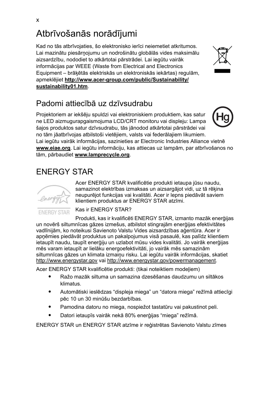 Atbrīvošanās norādījumi, Padomi attiecībā uz dzīvsudrabu, Energy star | Acer Aspire Series User Manual | Page 1512 / 2206