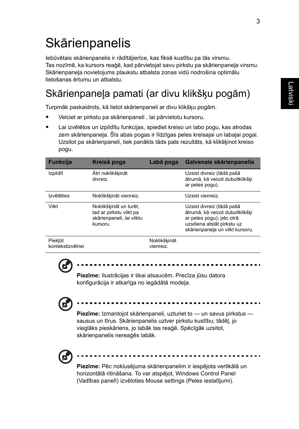Skārienpanelis, Skārienpaneļa pamati (ar divu klikšķu pogām) | Acer Aspire Series User Manual | Page 1525 / 2206