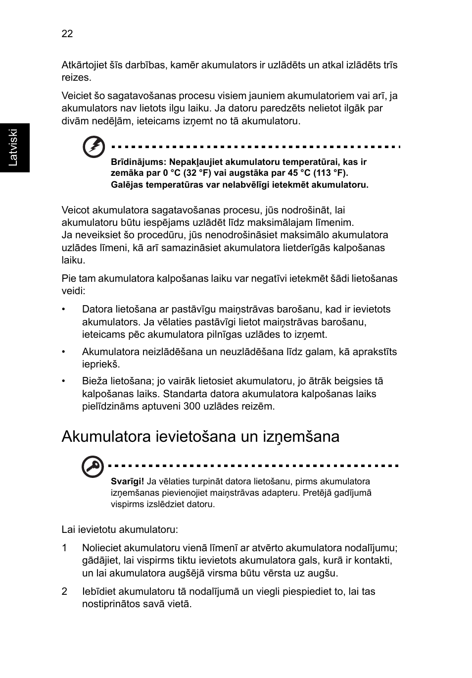 Akumulatora ievietošana un izņemšana | Acer Aspire Series User Manual | Page 1544 / 2206