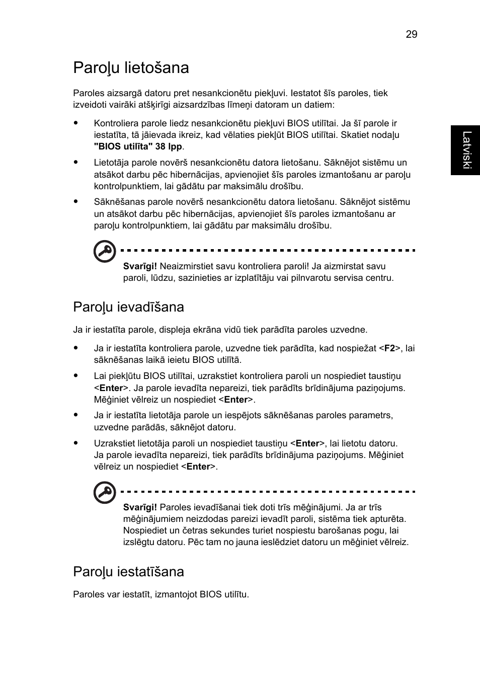 Paroļu lietošana, Paroļu ievadīšana, Paroļu iestatīšana | Acer Aspire Series User Manual | Page 1551 / 2206
