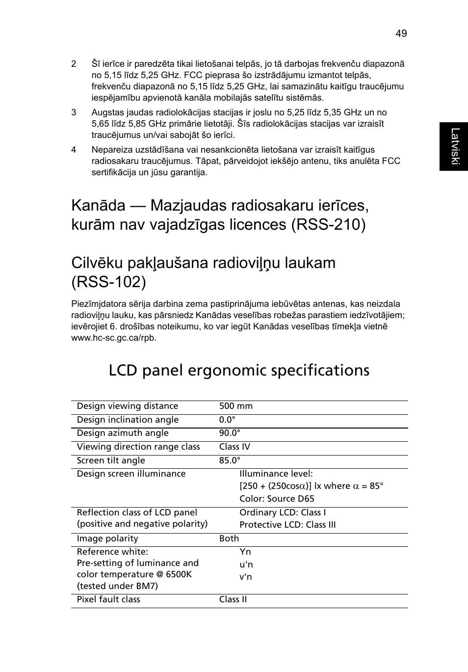 Cilvēku pakļaušana radioviļņu laukam (rss-102), Lcd panel ergonomic specifications | Acer Aspire Series User Manual | Page 1571 / 2206