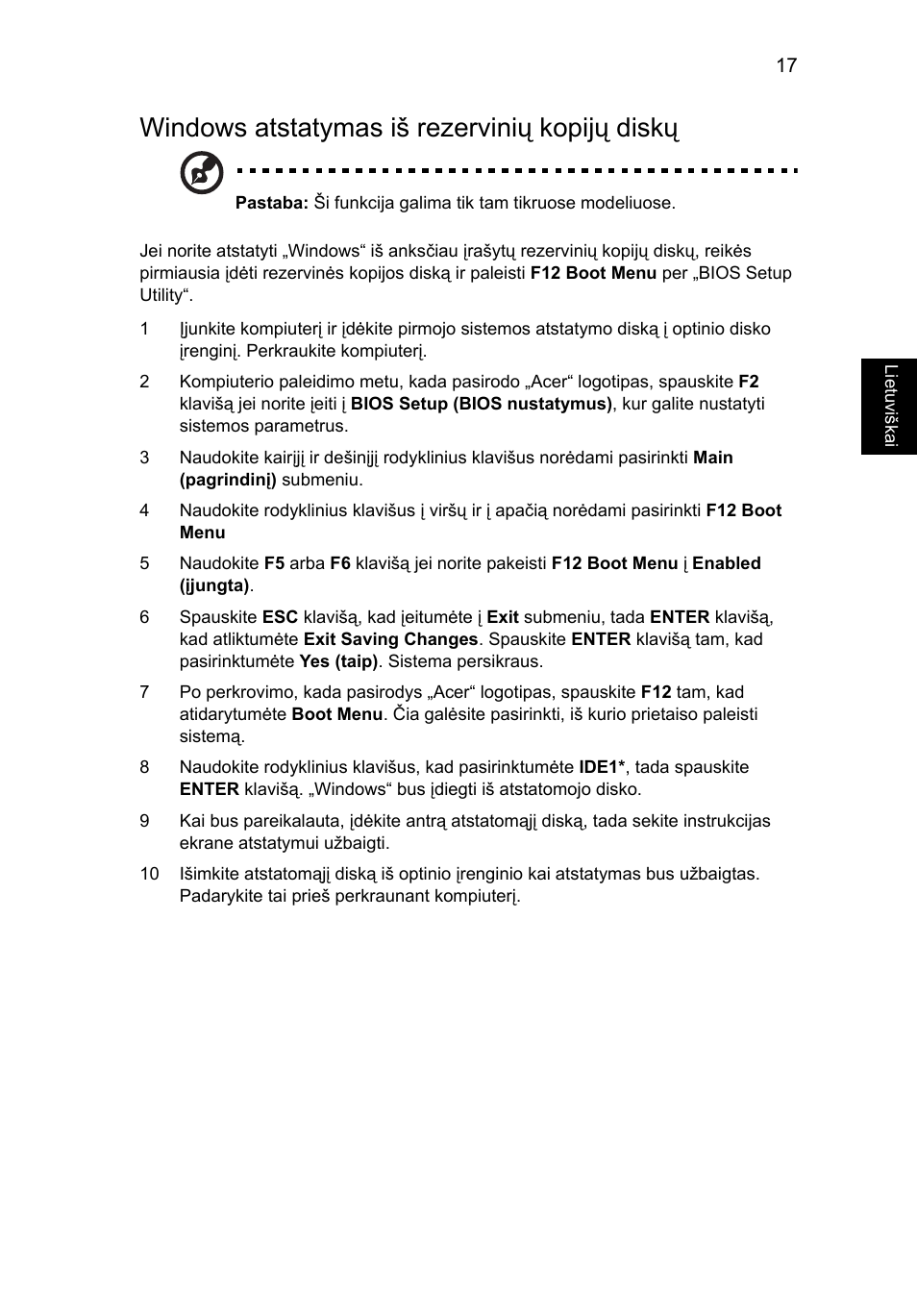 Windows atstatymas iš rezervinių kopijų diskų | Acer Aspire Series User Manual | Page 1609 / 2206