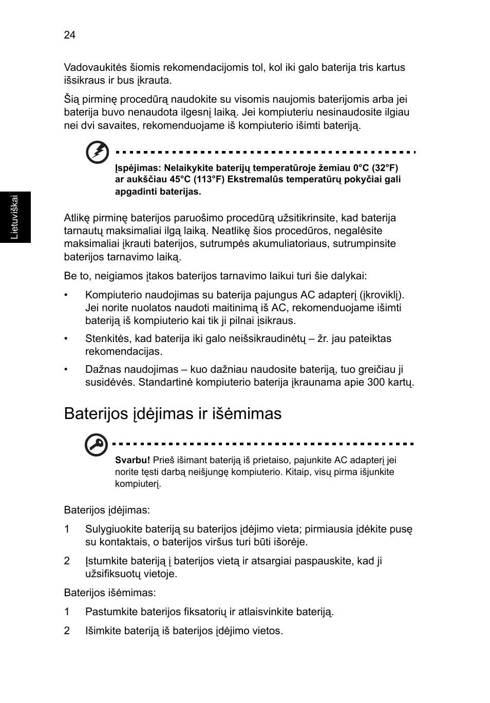 Baterijos įdėjimas ir išėmimas | Acer Aspire Series User Manual | Page 1616 / 2206