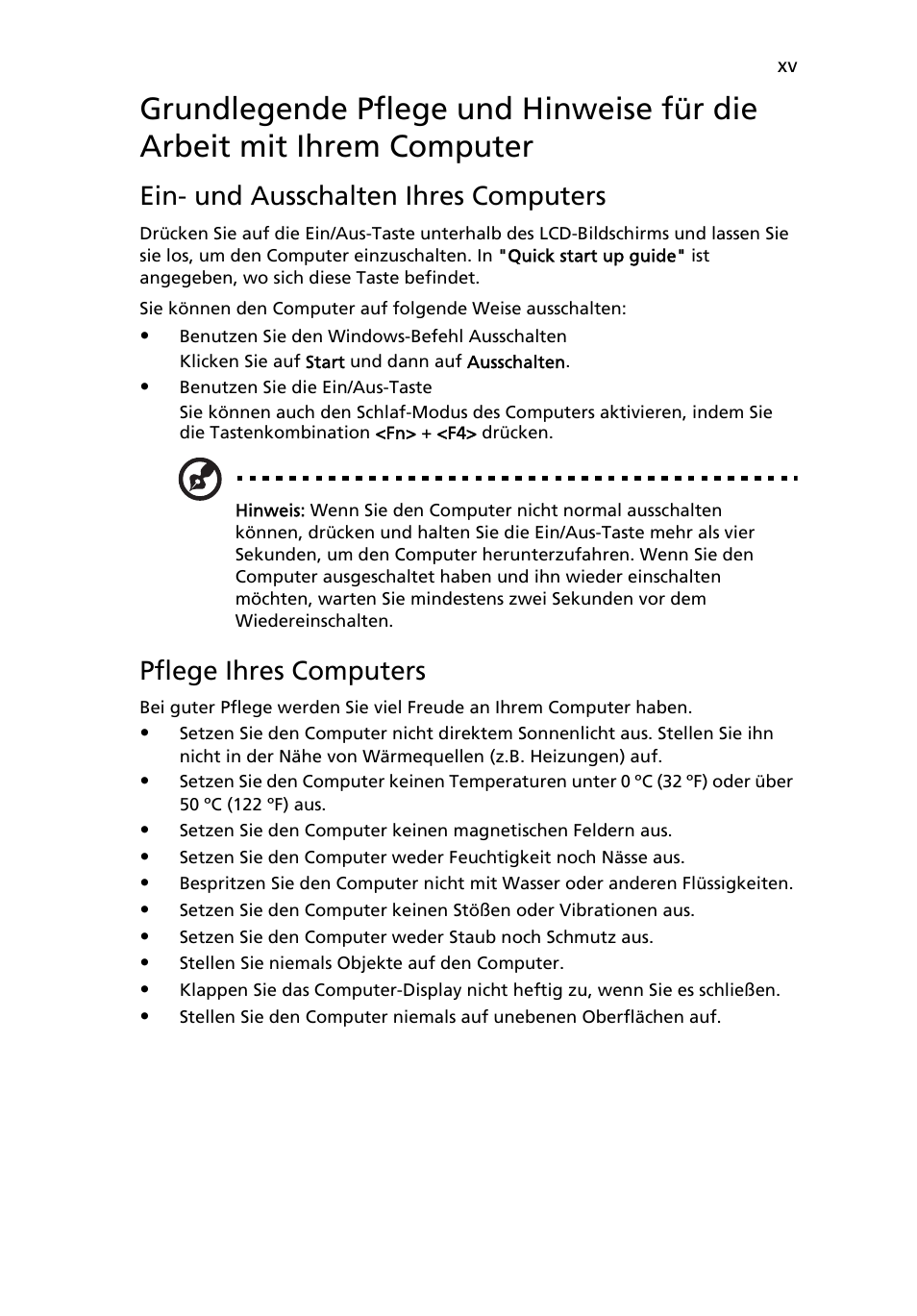 Ein- und ausschalten ihres computers, Pflege ihres computers | Acer Aspire Series User Manual | Page 163 / 2206