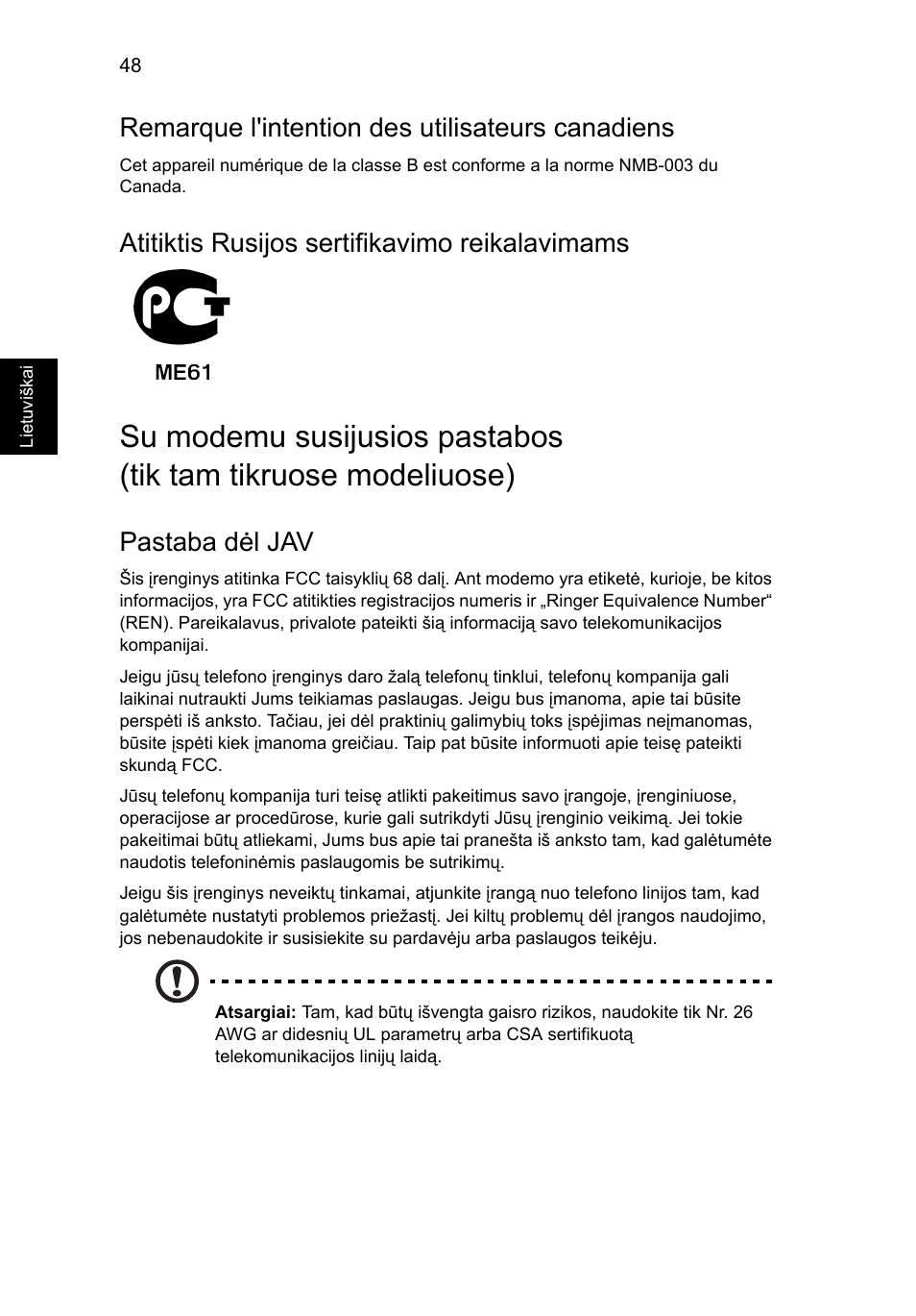 Remarque l'intention des utilisateurs canadiens, Atitiktis rusijos sertifikavimo reikalavimams, Pastaba dėl jav | Acer Aspire Series User Manual | Page 1640 / 2206