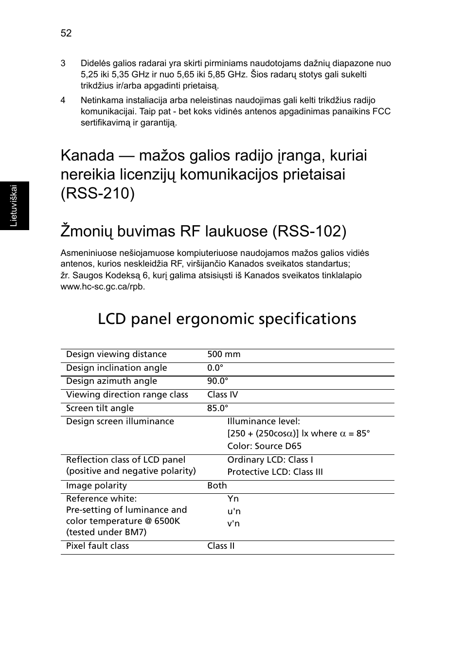 Žmonių buvimas rf laukuose (rss-102), Lcd panel ergonomic specifications | Acer Aspire Series User Manual | Page 1644 / 2206