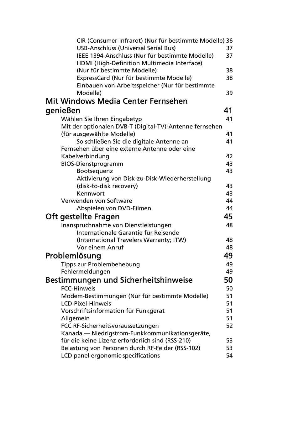Mit windows media center fernsehen genießen 41, Oft gestellte fragen 45, Problemlösung 49 | Bestimmungen und sicherheitshinweise 50 | Acer Aspire Series User Manual | Page 167 / 2206