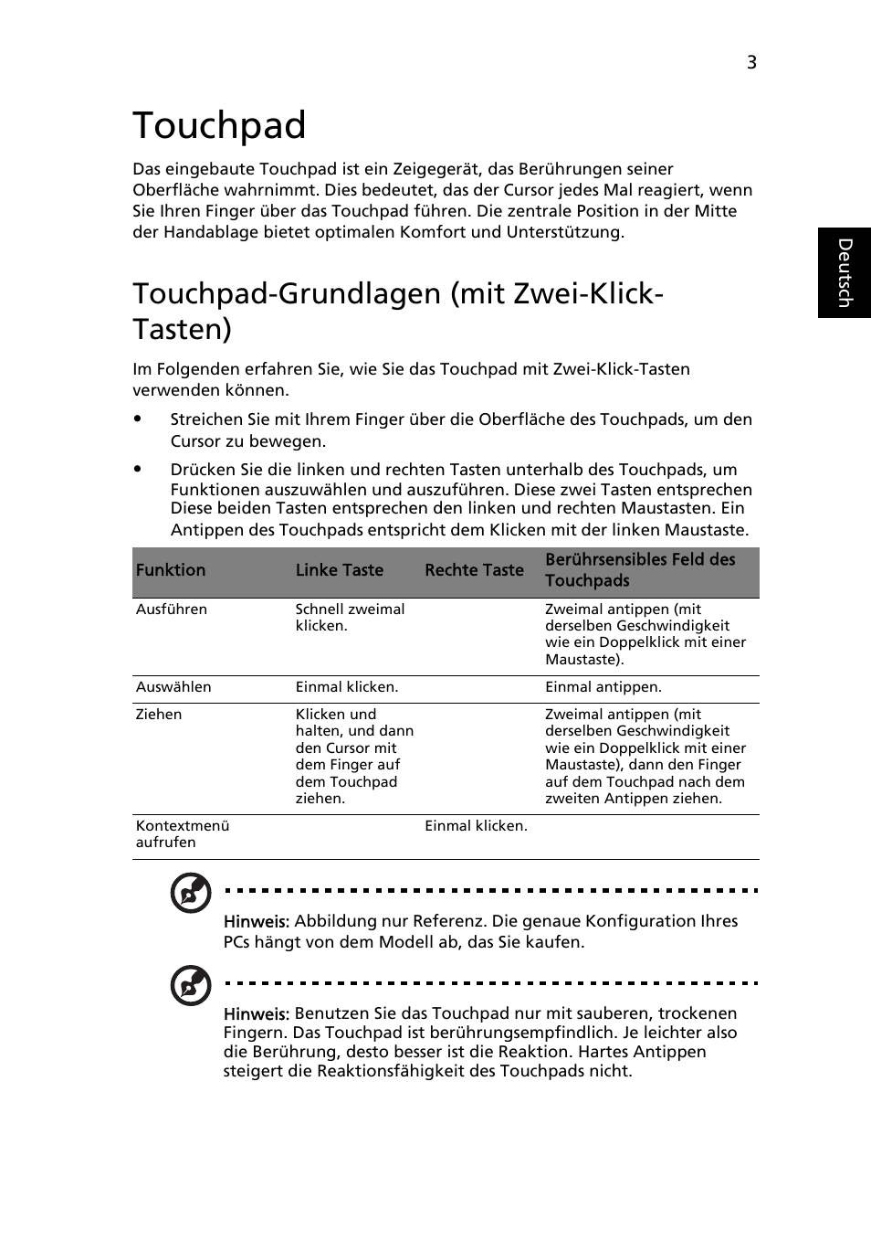 Touchpad, Touchpad-grundlagen (mit zwei-klick- tasten), Touchpad-grundlagen (mit zwei-klick-tasten) | Acer Aspire Series User Manual | Page 171 / 2206