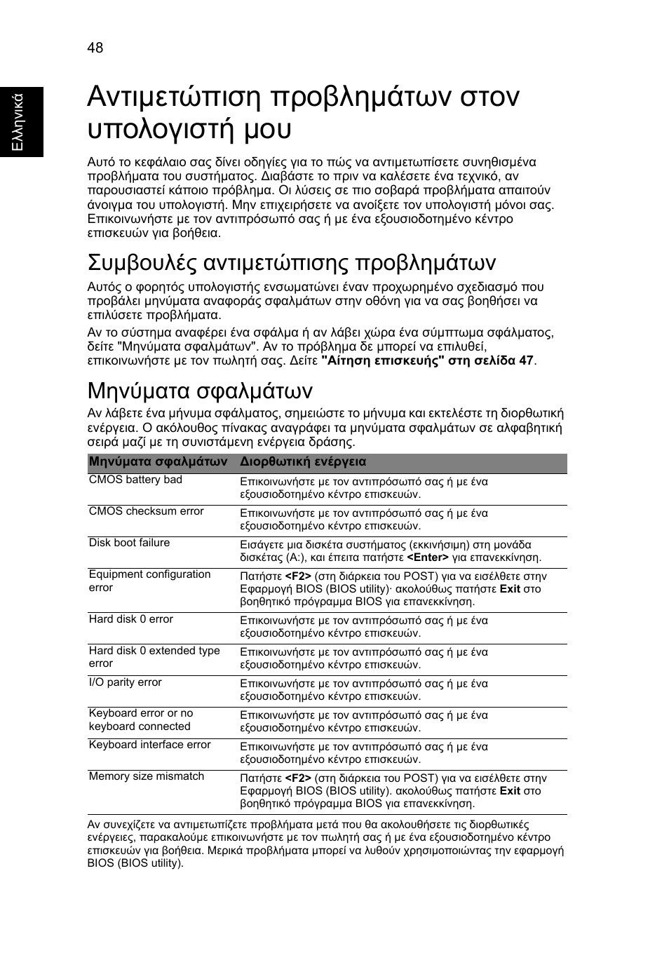 Αντιµετώπιση προβληµάτων στον υπολογιστή µου, Συµβουλές αντιµετώπισης προβληµάτων, Μηνύµατα σφαλµάτων | Acer Aspire Series User Manual | Page 1712 / 2206