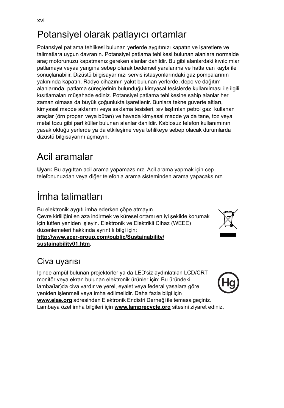 Potansiyel olarak patlayıcı ortamlar, Acil aramalar, Imha talimatları | Acer Aspire Series User Manual | Page 1734 / 2206
