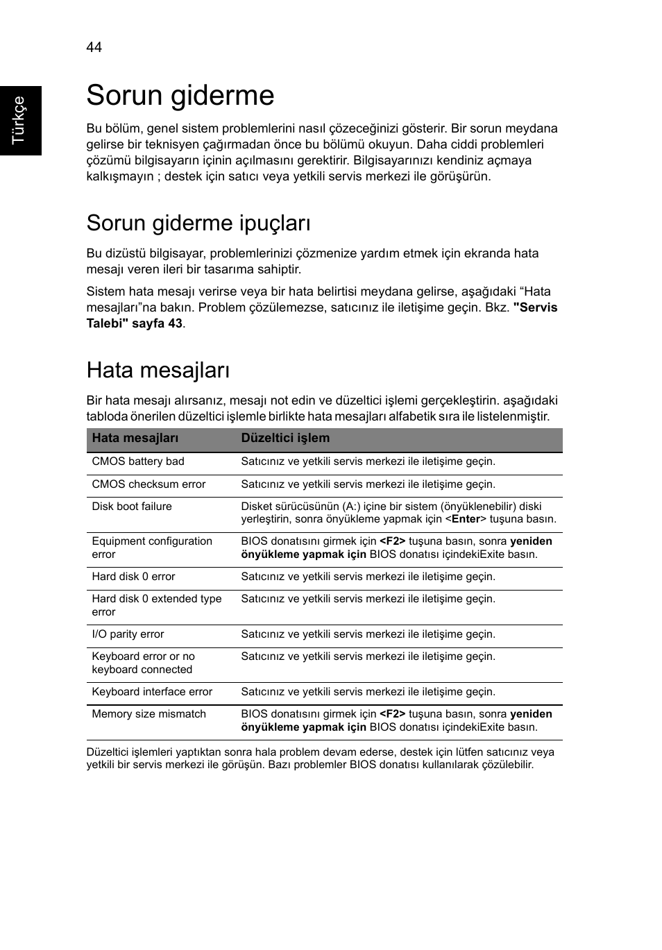 Sorun giderme, Sorun giderme ipuçları, Hata mesajları | Acer Aspire Series User Manual | Page 1788 / 2206