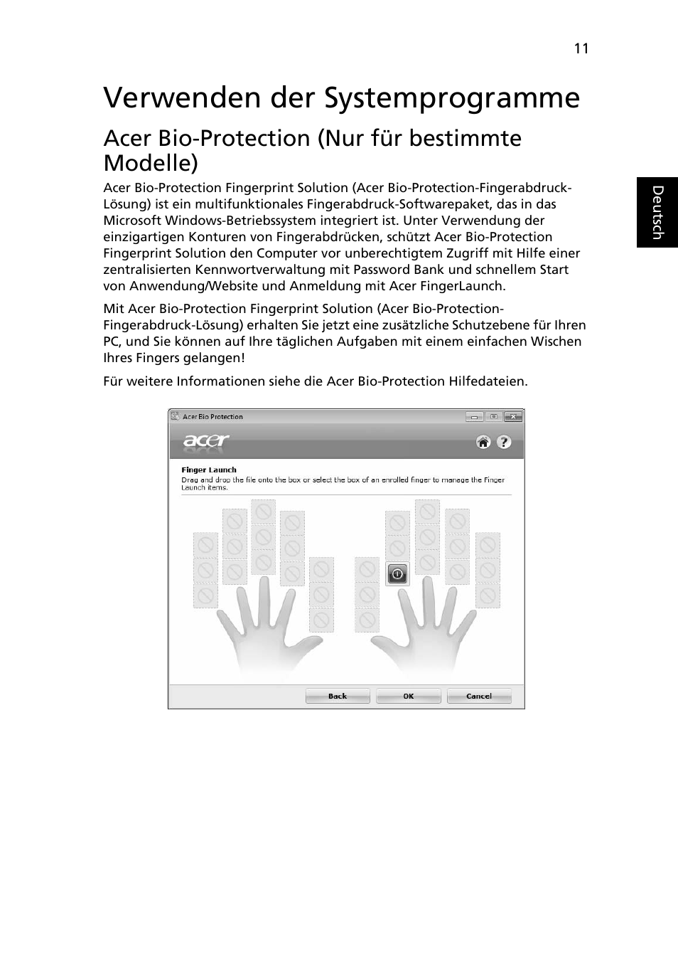 Verwenden der systemprogramme, Acer bio-protection (nur für bestimmte modelle) | Acer Aspire Series User Manual | Page 179 / 2206