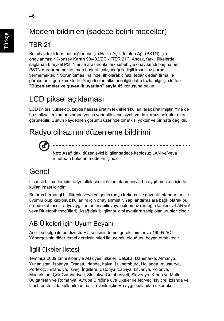 Modem bildirileri (sadece belirli modeller), Lcd piksel açıklaması, Radyo cihazının düzenleme bildirimi | Genel, Tbr 21, Ab ülkeleri için uyum beyanı, Ilgili ülkeler listesi | Acer Aspire Series User Manual | Page 1790 / 2206