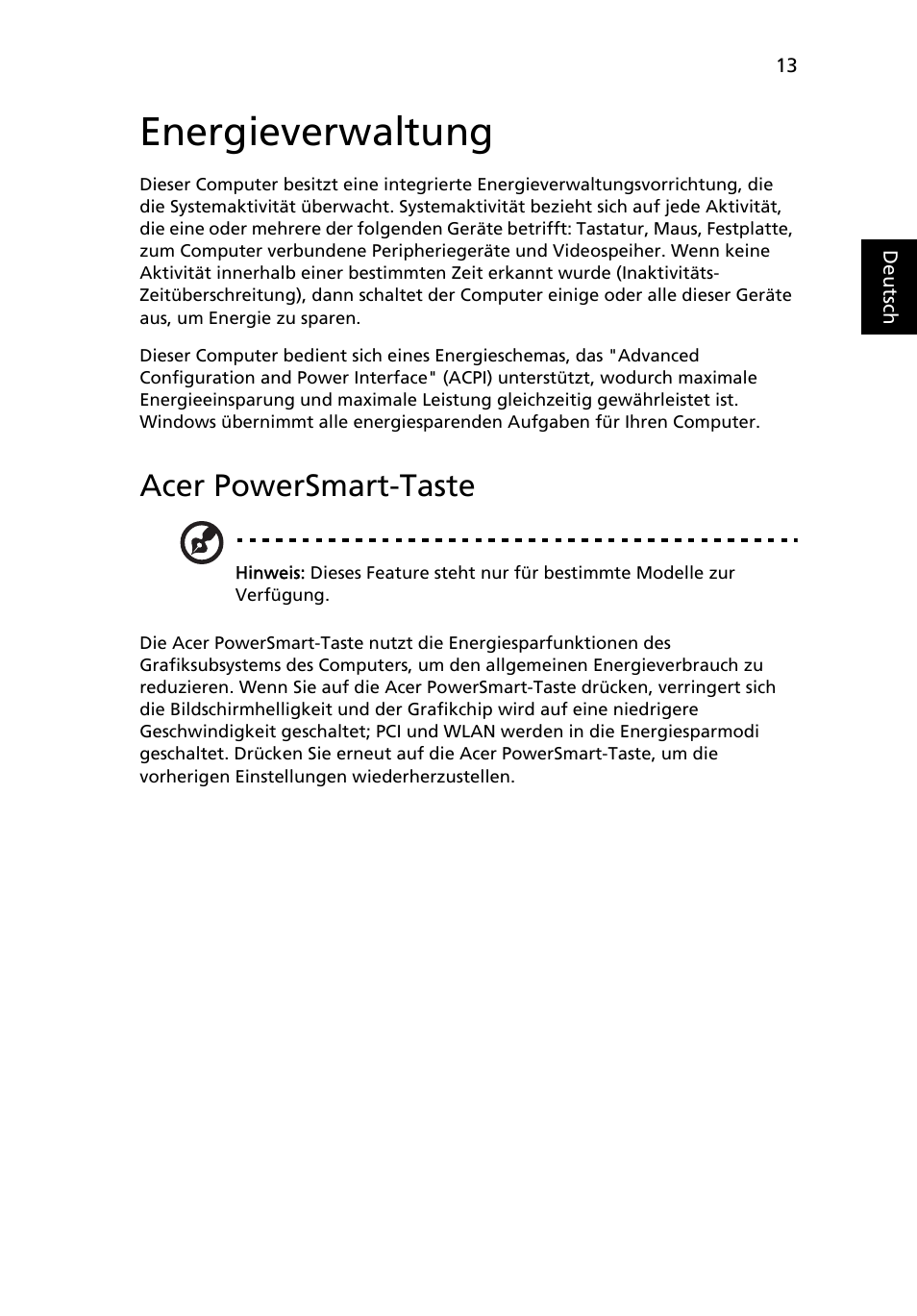Energieverwaltung, Acer powersmart-taste | Acer Aspire Series User Manual | Page 181 / 2206