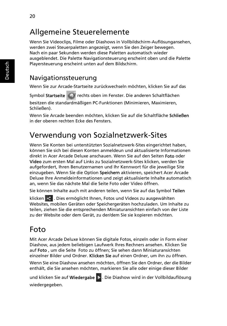 Allgemeine steuerelemente, Verwendung von sozialnetzwerk-sites, Foto | Navigationssteuerung | Acer Aspire Series User Manual | Page 188 / 2206