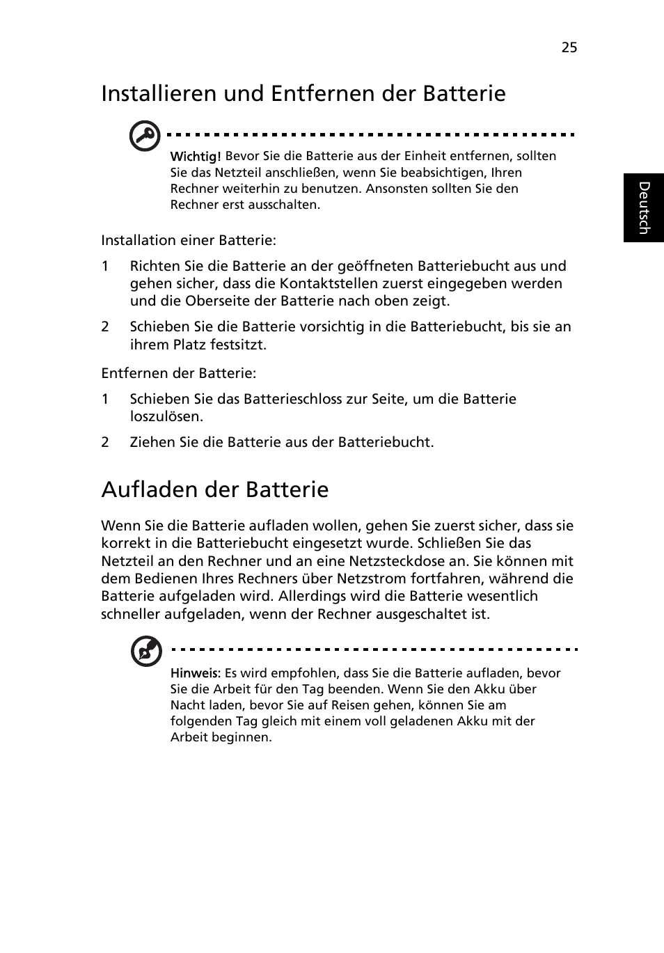 Installieren und entfernen der batterie, Aufladen der batterie | Acer Aspire Series User Manual | Page 193 / 2206