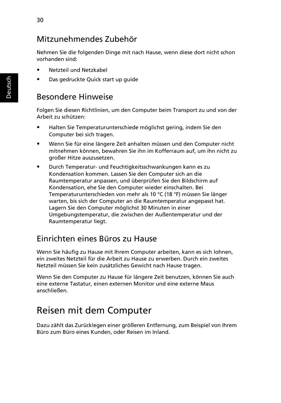 Reisen mit dem computer, Mitzunehmendes zubehör, Besondere hinweise | Einrichten eines büros zu hause | Acer Aspire Series User Manual | Page 198 / 2206