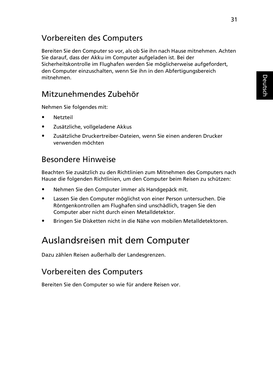 Auslandsreisen mit dem computer, Vorbereiten des computers, Mitzunehmendes zubehör | Besondere hinweise | Acer Aspire Series User Manual | Page 199 / 2206