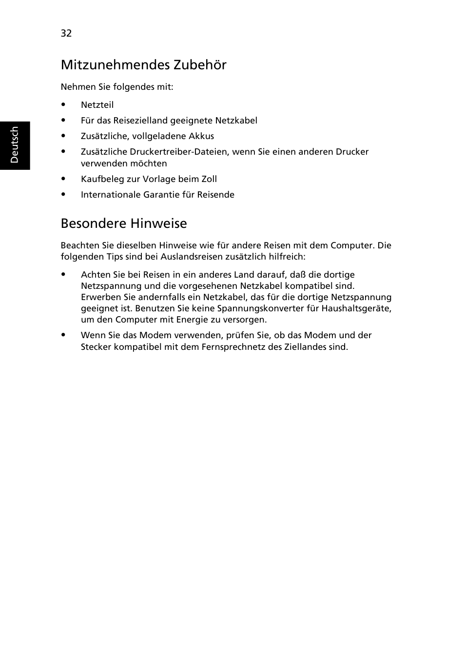 Mitzunehmendes zubehör, Besondere hinweise | Acer Aspire Series User Manual | Page 200 / 2206
