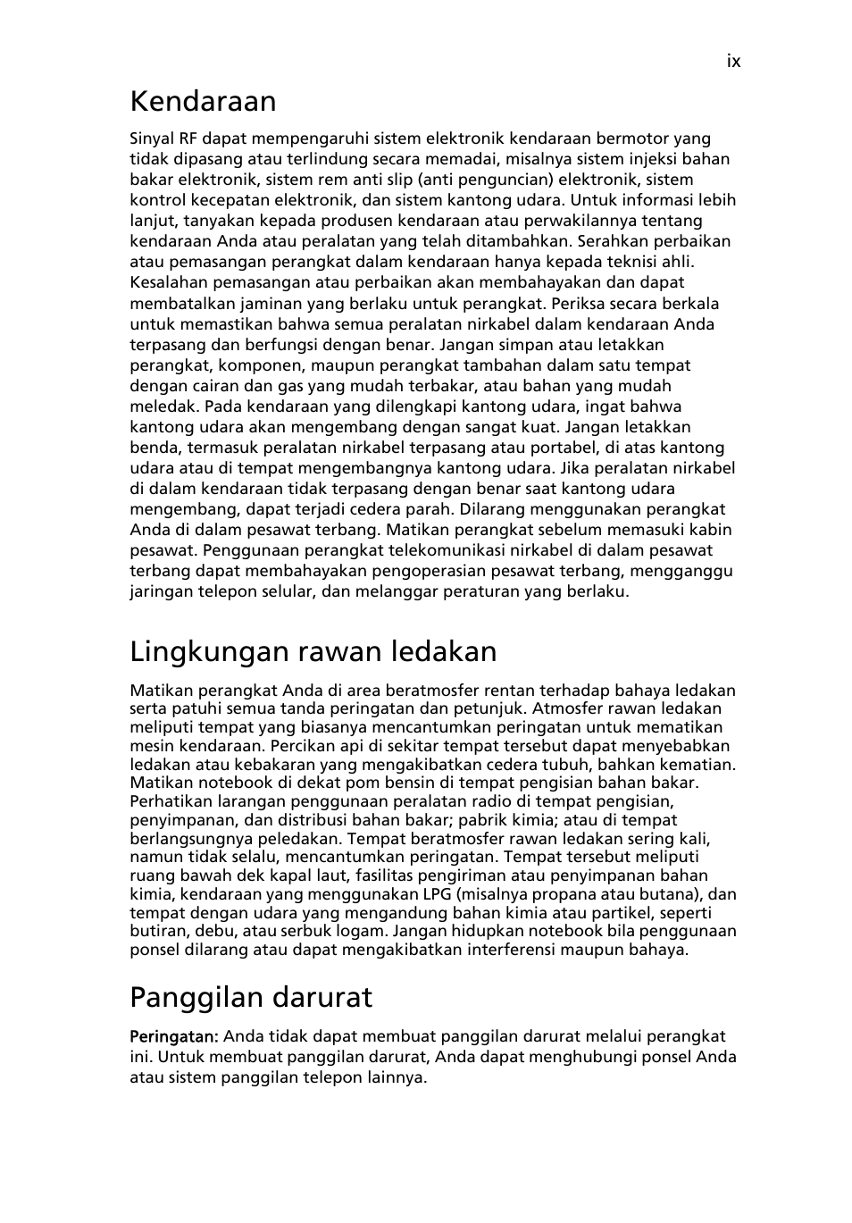 Kendaraan, Lingkungan rawan ledakan, Panggilan darurat | Acer Aspire Series User Manual | Page 2069 / 2206