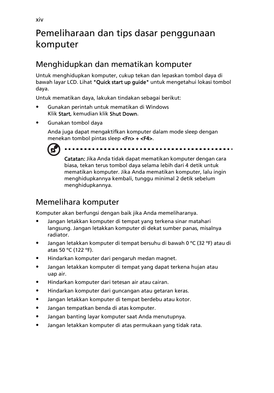 Pemeliharaan dan tips dasar penggunaan komputer, Menghidupkan dan mematikan komputer, Memelihara komputer | Acer Aspire Series User Manual | Page 2074 / 2206