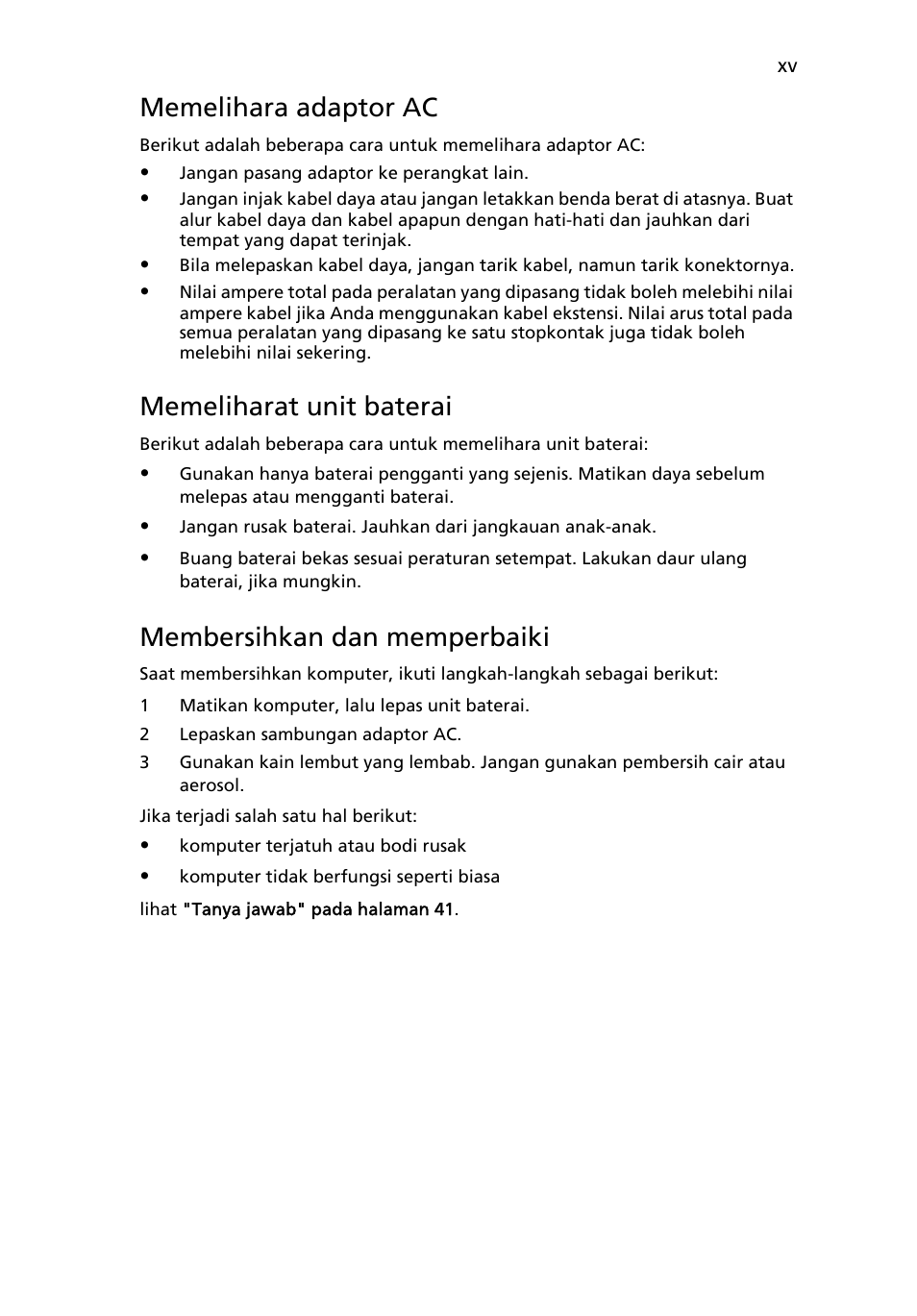 Memelihara adaptor ac, Memeliharat unit baterai, Membersihkan dan memperbaiki | Acer Aspire Series User Manual | Page 2075 / 2206