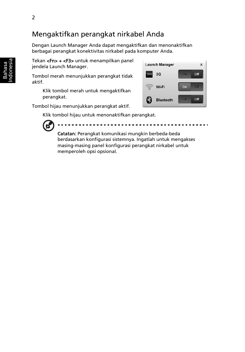 Mengaktifkan perangkat nirkabel anda | Acer Aspire Series User Manual | Page 2082 / 2206