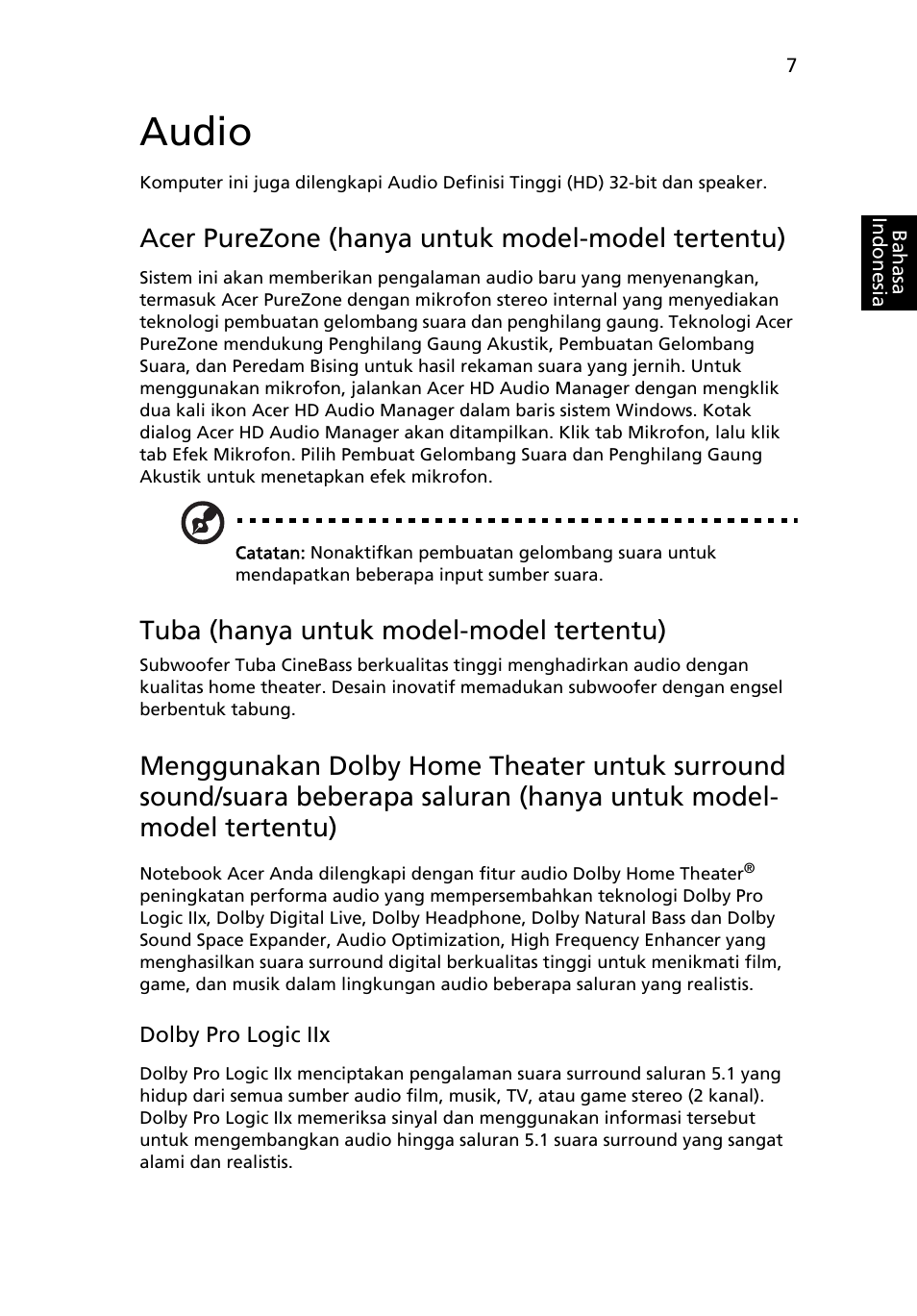 Audio, Acer purezone (hanya untuk model-model tertentu), Tuba (hanya untuk model-model tertentu) | Acer Aspire Series User Manual | Page 2087 / 2206