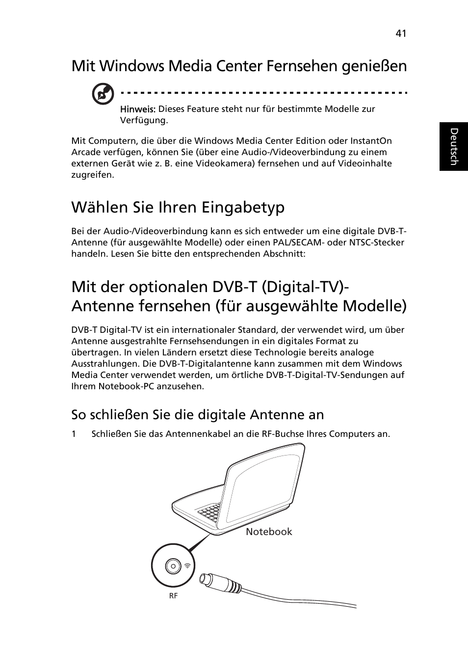 Mit windows media center fernsehen genießen, Wählen sie ihren eingabetyp, So schließen sie die digitale antenne an | Acer Aspire Series User Manual | Page 209 / 2206