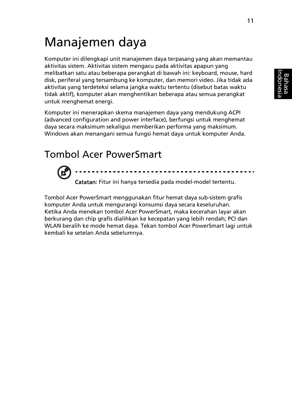 Manajemen daya, Tombol acer powersmart | Acer Aspire Series User Manual | Page 2091 / 2206