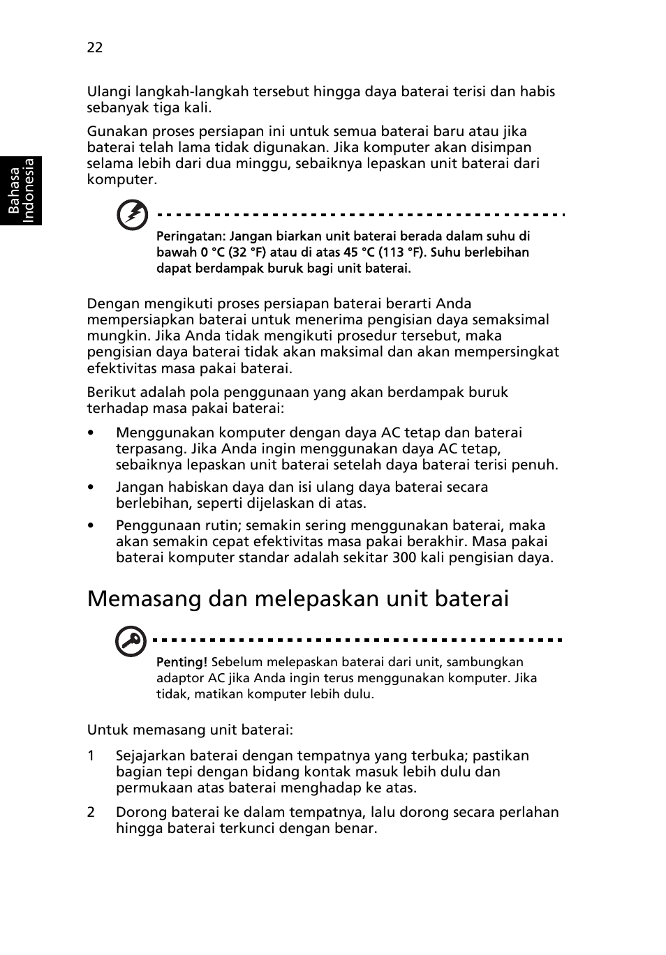 Memasang dan melepaskan unit baterai | Acer Aspire Series User Manual | Page 2102 / 2206