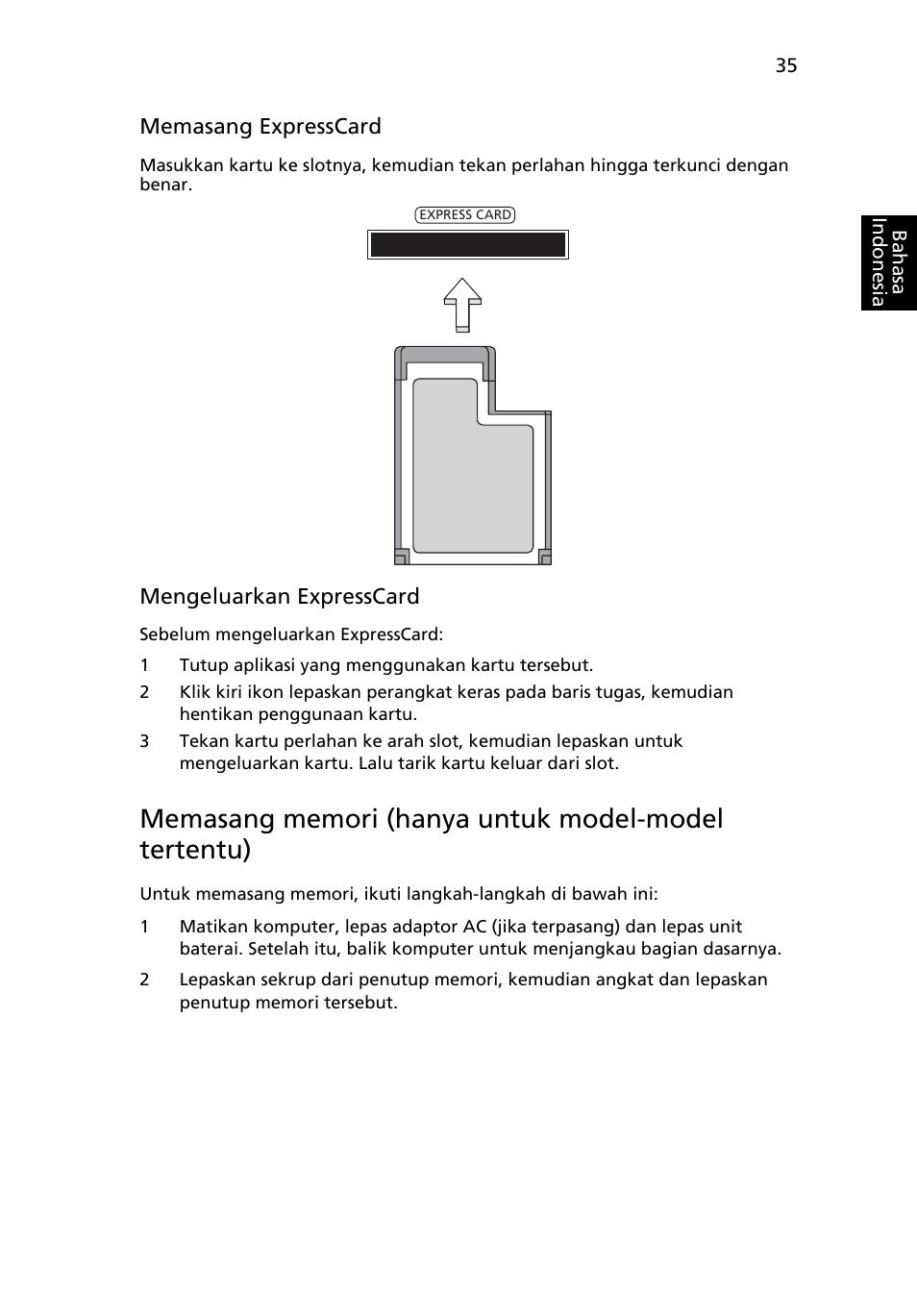 Memasang memori (hanya untuk model-model tertentu) | Acer Aspire Series User Manual | Page 2115 / 2206