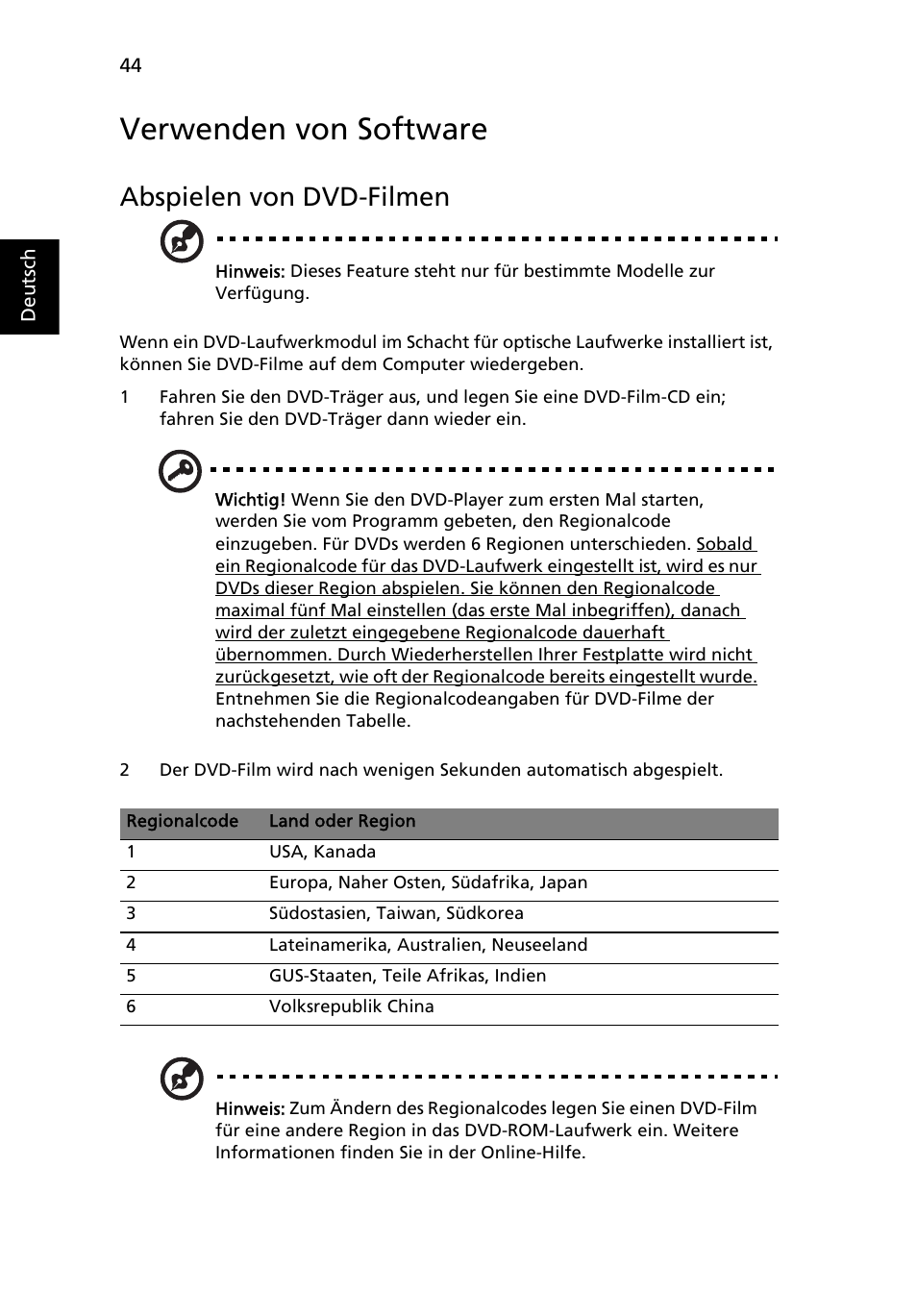 Verwenden von software, Abspielen von dvd-filmen | Acer Aspire Series User Manual | Page 212 / 2206