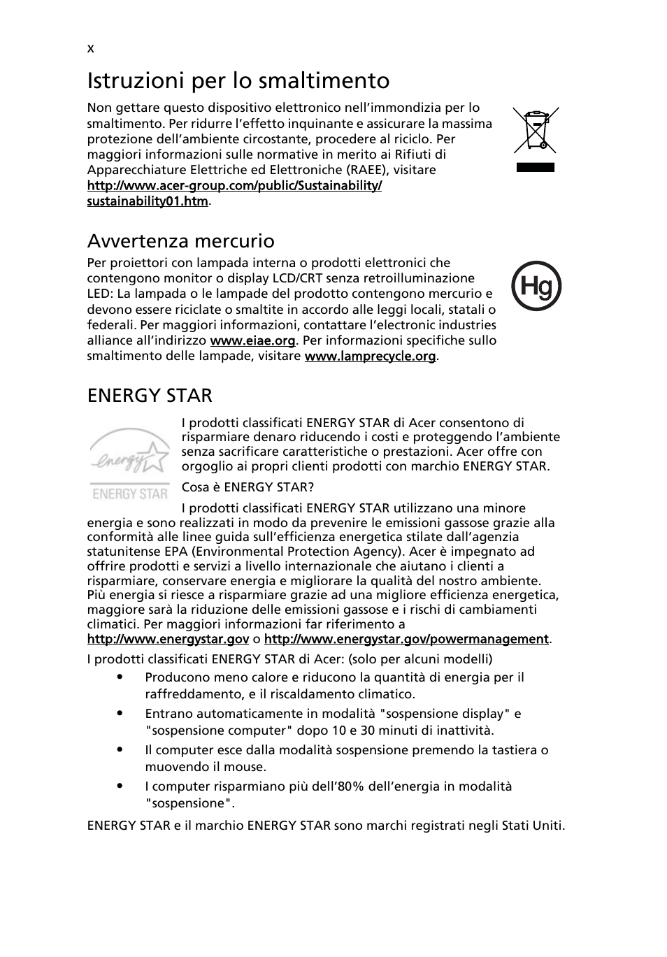 Istruzioni per lo smaltimento, Avvertenza mercurio, Energy star | Acer Aspire Series User Manual | Page 232 / 2206