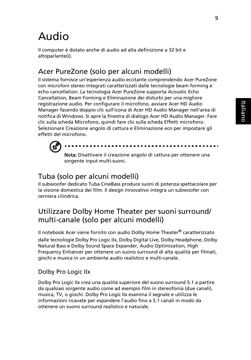 Audio, Acer purezone (solo per alcuni modelli), Tuba (solo per alcuni modelli) | Acer Aspire Series User Manual | Page 251 / 2206