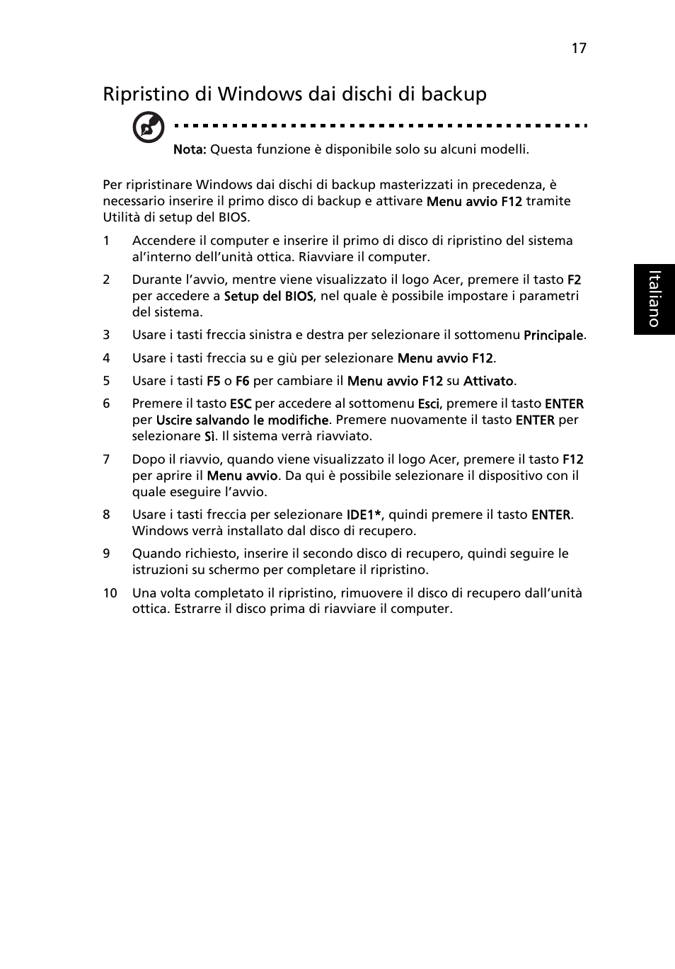 Ripristino di windows dai dischi di backup | Acer Aspire Series User Manual | Page 259 / 2206