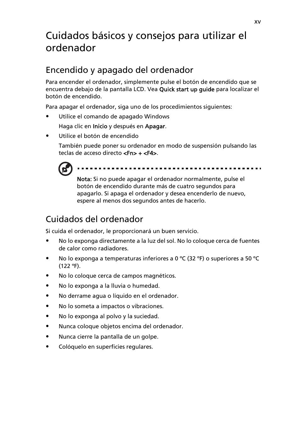 Encendido y apagado del ordenador, Cuidados del ordenador | Acer Aspire Series User Manual | Page 309 / 2206