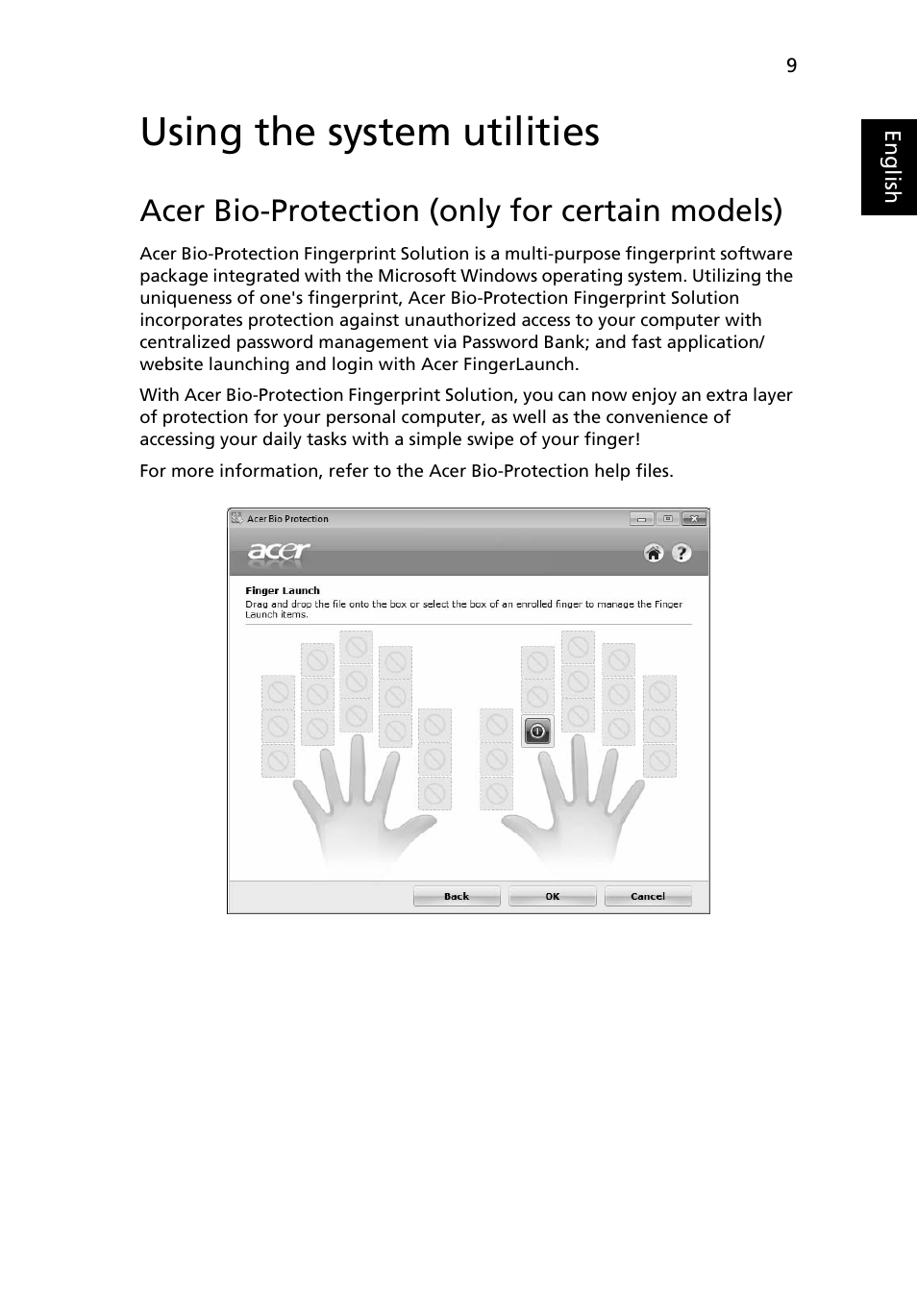 Using the system utilities, Acer bio-protection (only for certain models) | Acer Aspire Series User Manual | Page 31 / 2206