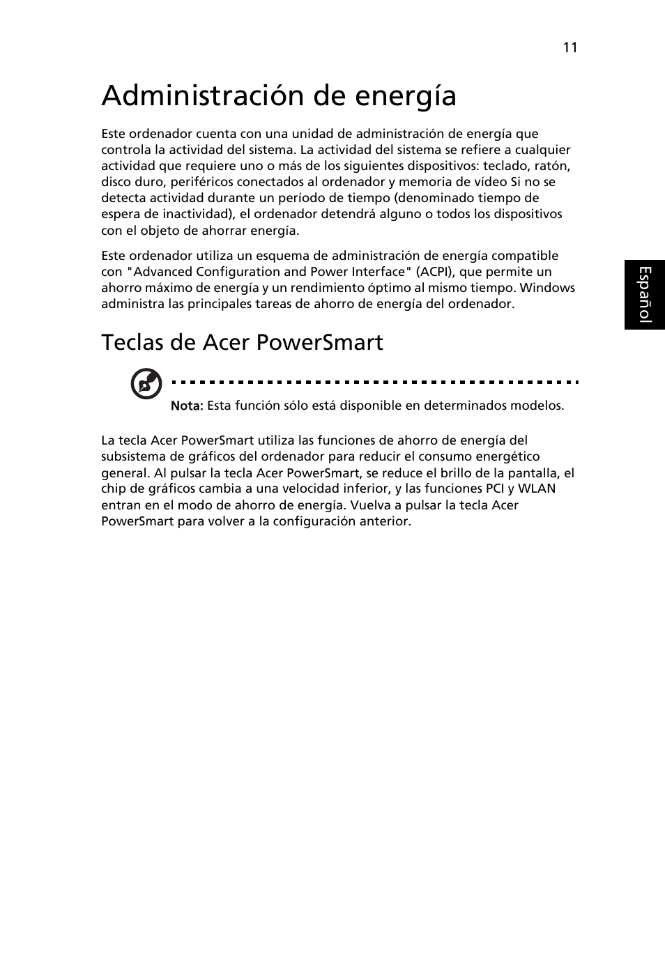 Administración de energía, Teclas de acer powersmart | Acer Aspire Series User Manual | Page 325 / 2206