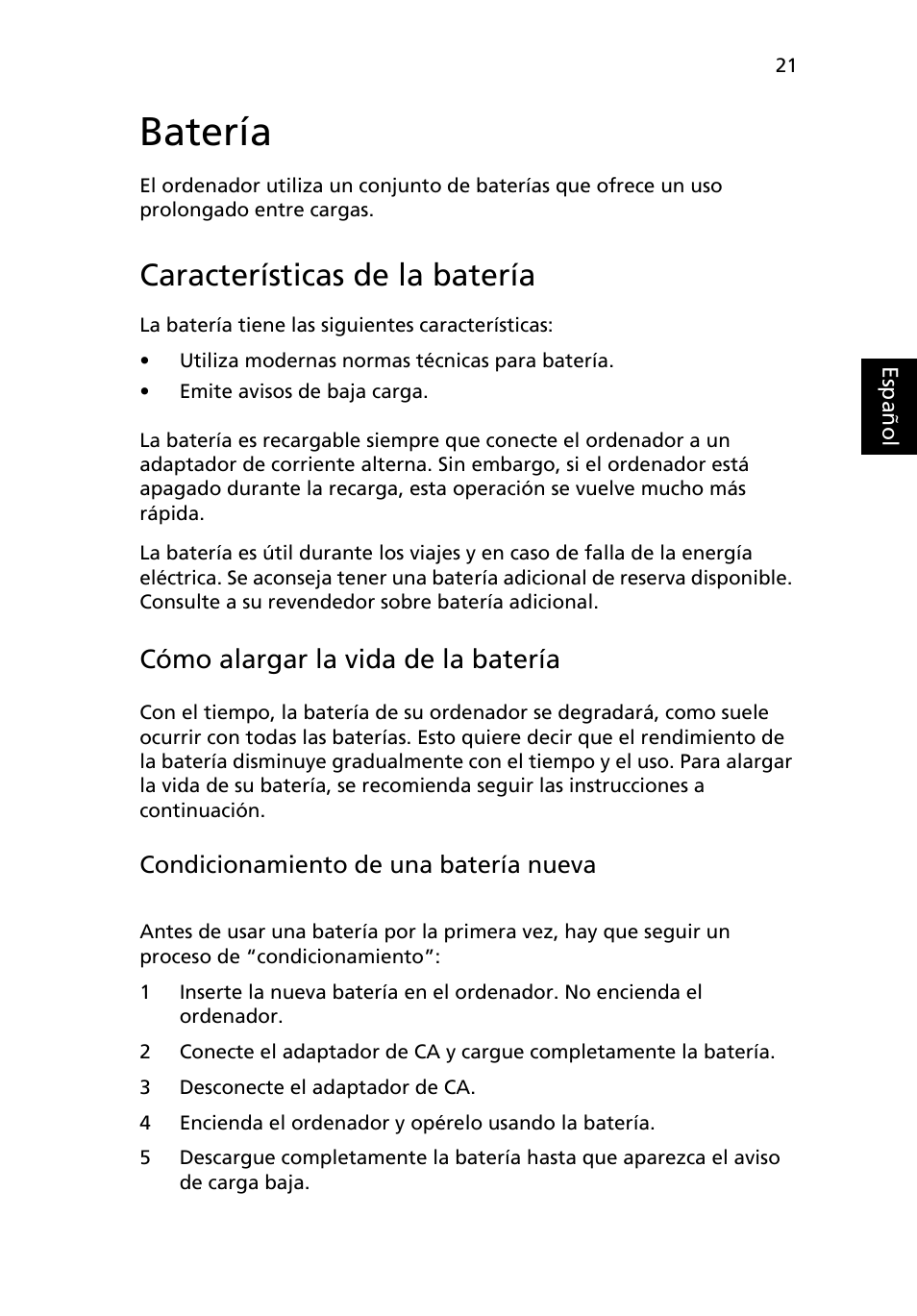 Batería, Características de la batería, Cómo alargar la vida de la batería | Acer Aspire Series User Manual | Page 335 / 2206