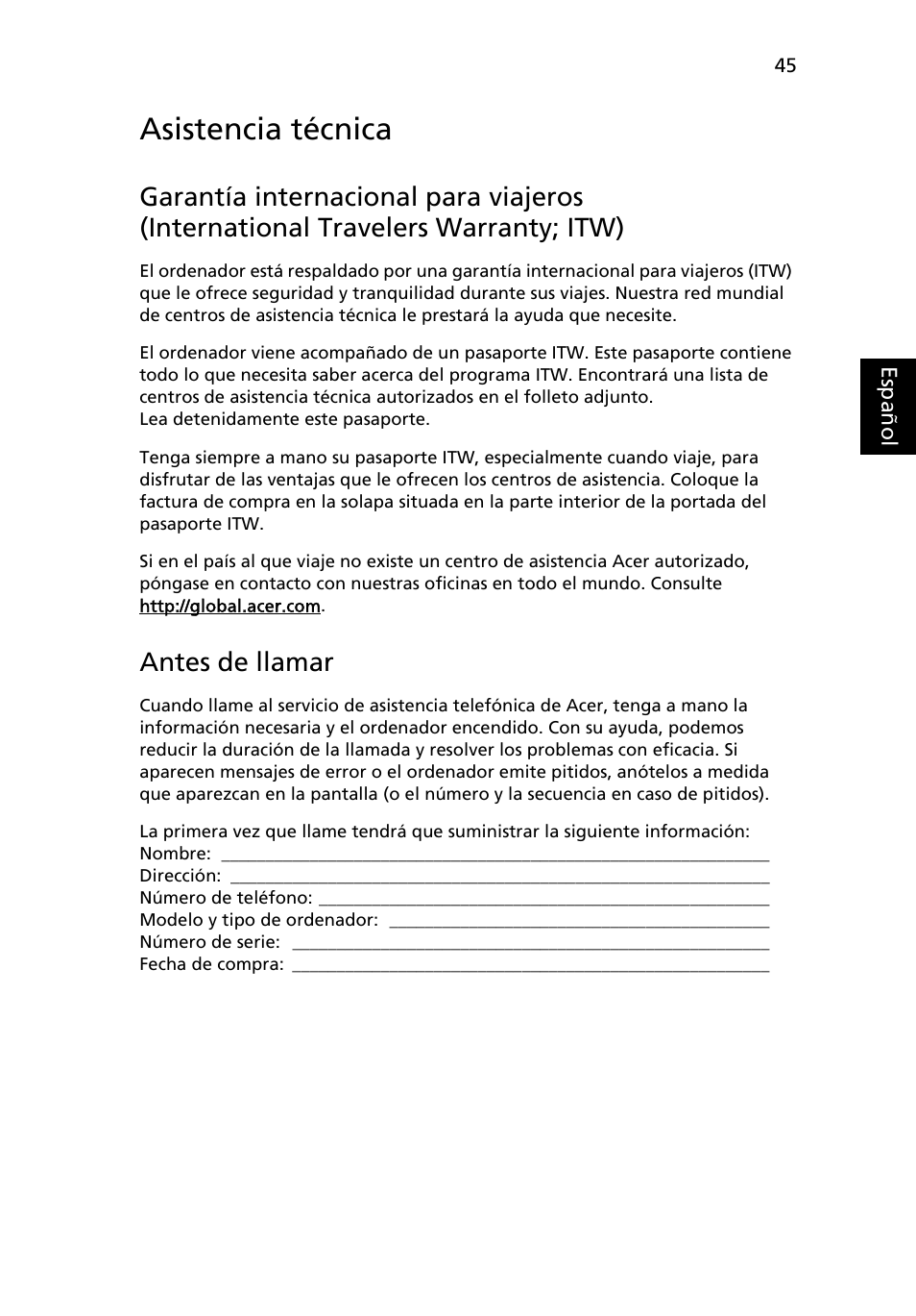 Asistencia técnica, Antes de llamar | Acer Aspire Series User Manual | Page 359 / 2206