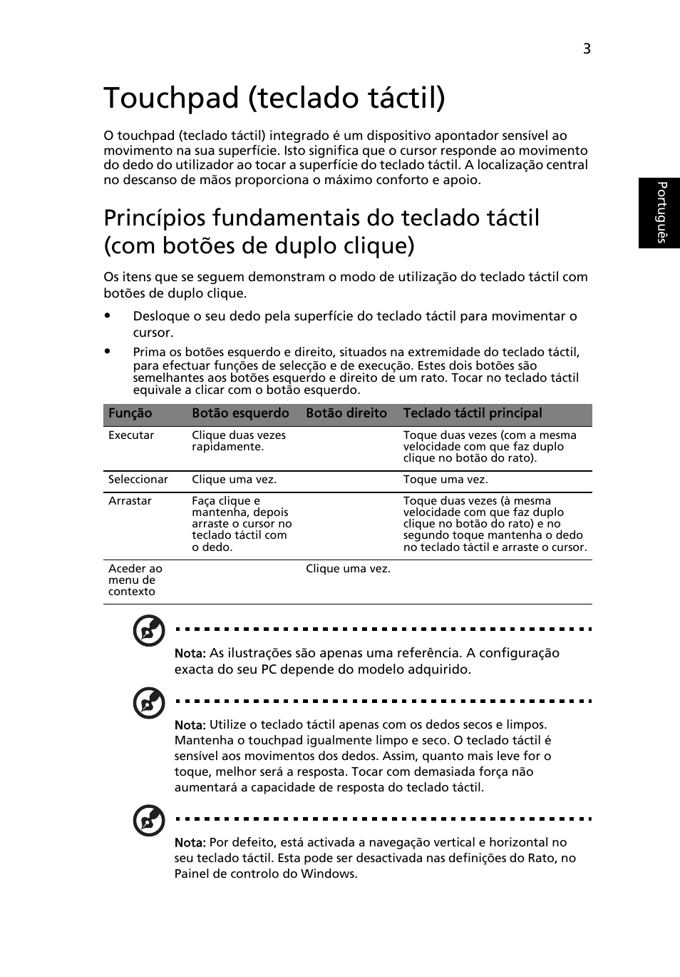 Touchpad (teclado táctil), Portugu ês | Acer Aspire Series User Manual | Page 389 / 2206