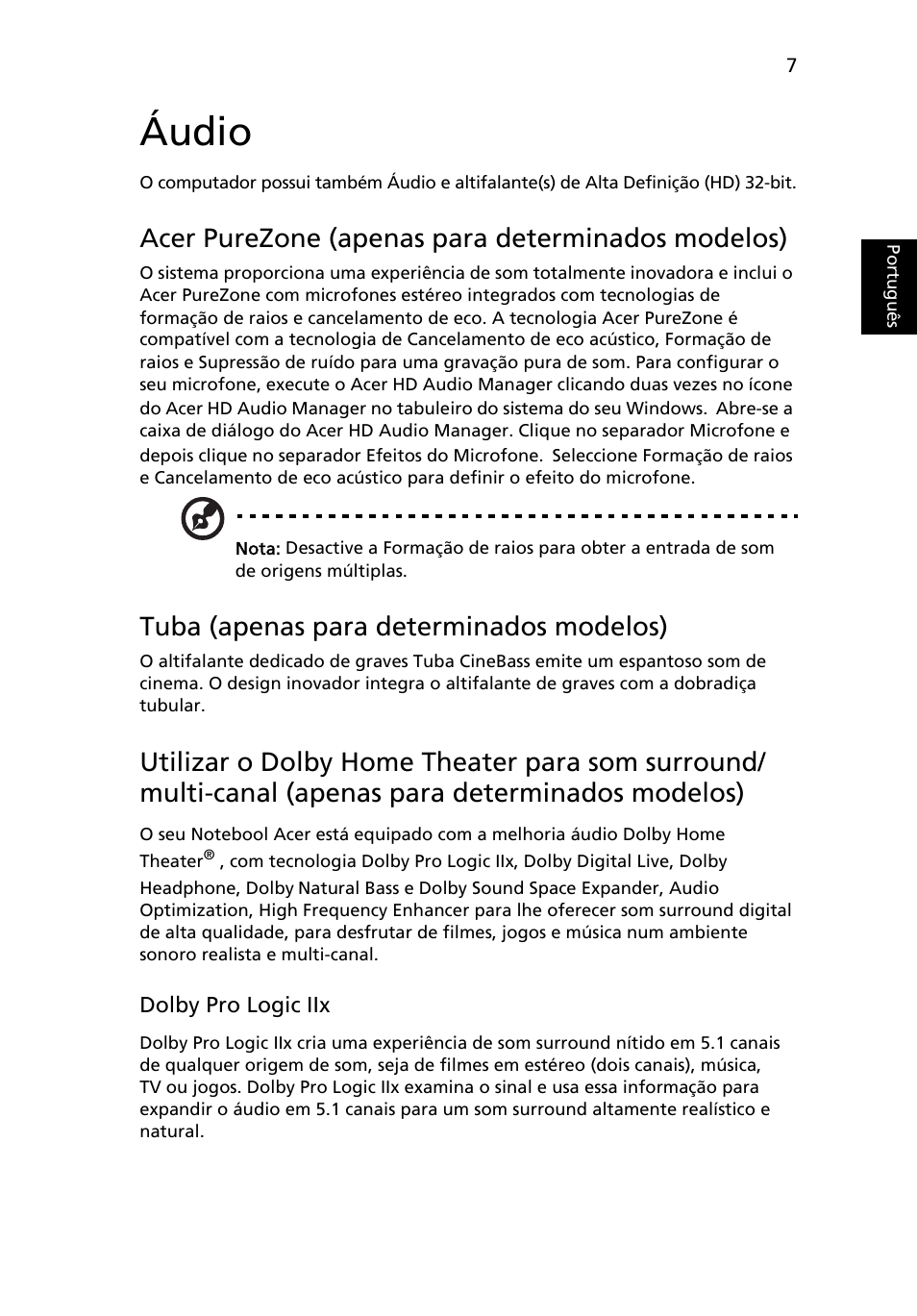 Áudio, Acer purezone (apenas para determinados modelos), Tuba (apenas para determinados modelos) | Acer Aspire Series User Manual | Page 393 / 2206