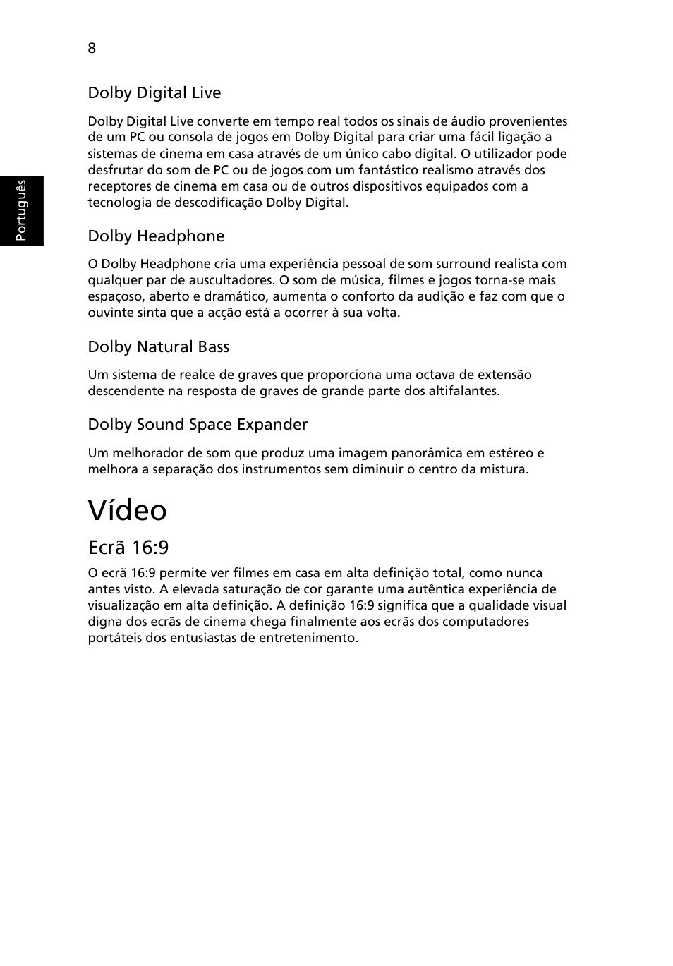 Vídeo, Ecrã 16:9 | Acer Aspire Series User Manual | Page 394 / 2206