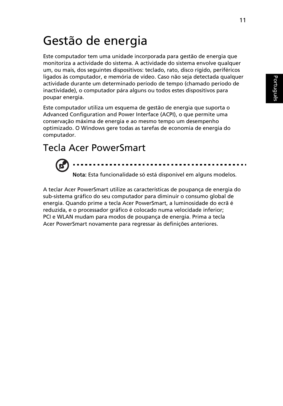 Gestão de energia, Tecla acer powersmart | Acer Aspire Series User Manual | Page 397 / 2206