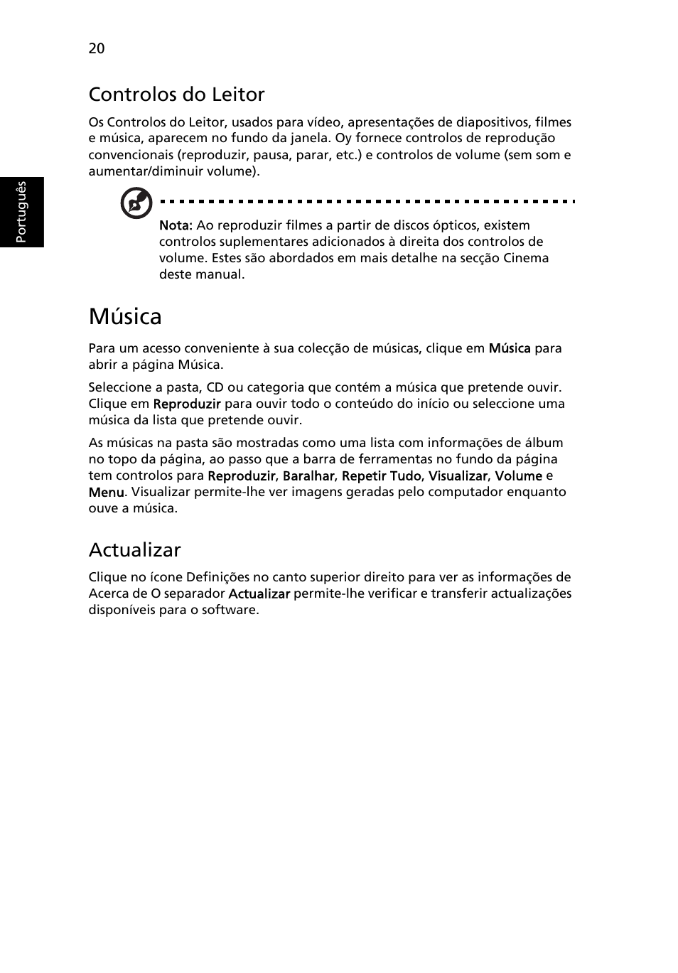 Música, Controlos do leitor, Actualizar | Acer Aspire Series User Manual | Page 406 / 2206